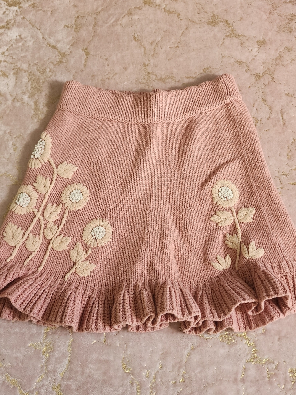 LoveShackFancy | Pink Knit Mini Skirt with Cream Floral Embroidery